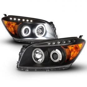 AmeriLite Black Dual Intense LED Halo Projector Headlights Set For Toyota Rav4 - Driver and Passenger Pair