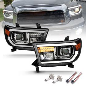 AmeriLite Replacement for 2007-2013 Toyota Tundra | 2008-2017 Sequoia Quad Projector w/High Power LED Tube & Signal Set - Passenger and Driver Side