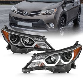 AmeriLite 2013-2015 Dual LED Bar Projector Black Headlights For Toyota RAV-4 (Do Not Fit EV or Factory HID Version)