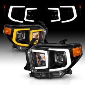 AmeriLite Black Switchback Intense LED DRL Quad Projector Replacement Headlights Set for 2014-2019 Toyota Tundra Pickup - Driver and Passenger Side