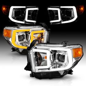 AmeriLite Chrome Switchback Dual Intense LED Tube Quad Projector Replacement Headlights Set for 2014-2019 Toyota Tundra Pickup - Driver and Passenger Side