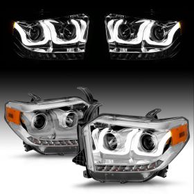 AmeriLite for 2014-2020 Toyota Tundra U-Type LED DRL Tube Chrome Projector Headlights Set - Passenger and Driver Side