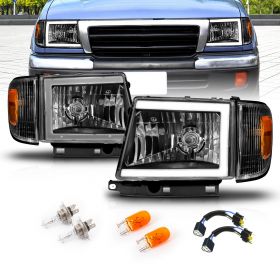 AmeriLite for 1997-2000 Toyota Tacoma 2WD Pickup LED Tube Black Reaplcement Headlights + Corner Light Set - Passenger and Driver Side