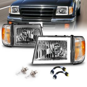 AmeriLite for 1998-2000 Toyota Tacoma 4WD Pickup LED Tube Chrome Reaplcement Headlights + Corner Light Set - Passenger and Driver Side