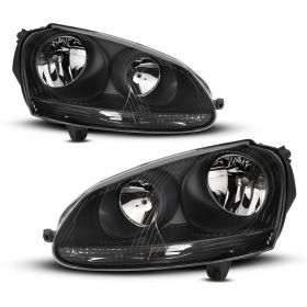 AmeriLite Black Headlights For VW Volkwagen Gold Jetta Halogen Type (Pair) High/Low Beam Bulb Included