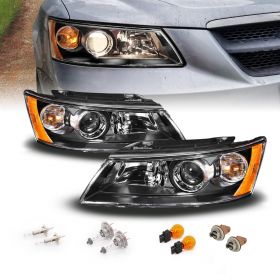AmeriLite for 2006-2008 Hyundai Sonata Black Replacment Projector Headlights Pair w/ Bulbs - Driver and Passenger Side