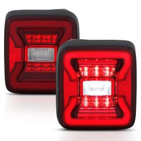 AmeriLite for 2018-2020 Jeep Wrangler JL [FULL LED] Tube Clear Red Cover Tail Light Signal Lamp Pair - Passenger and Driver Side
