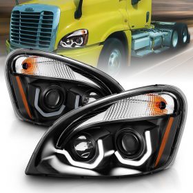 AmeriLite Black Projector Replacement Headlights Dual LED Bar Set For 2008-2020 Freightliner Cascadia (Pair) High/Low Beam Bulb Included