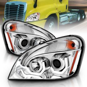 AmeriLite Chrome Projector Replacement Headlights Dual LED Bar Set For 2008-2020 Freightliner Cascadia (Pair) High/Low Beam Bulb Included