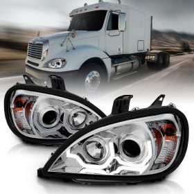 AmeriLite Chrome Projector Replacement Headlights Dual LED Bar Set For Freightliner Columbia (Pair) High/Low Beam Bulb Included