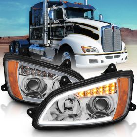 AmeriLite Chrome Projector Replacement Headlights LED Bar Turn Signal Set For Kenworth T660 (Pair) High/Low Beam Bulb Included