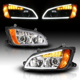 AmeriLite for 2008-2017 Kenworth T660 Truck [Full LED] Projector Chrome Replacement Headlights Set - Passenger and Driver Side
