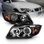 AmeriLite for 2006-2008 BMW 3-Series E90 E91 Sedan Wegon Xtreme LED Halos Ring Black Projector Headlights Set - Passenger and Driver Side