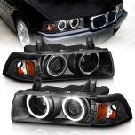 AmeriLite 1Pc Projector Replacement Headlights LED Halo Black Set For 92-98 BMW 3 Series E36 4 Door - Passenger and Driver Side