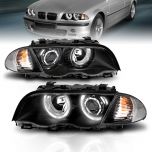 AmeriLite Projector Headlights. W/ C. L Halo Black Amber For BMW 3 Series E46 4 Door - Passenger and Driver Side