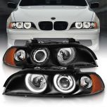 AmeriLite Black Projector Replacement Headlights Dual LED Halo Set For 97-03 BMW 5 Series E39 - Passenger and Driver Side