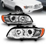 AmeriLite Chrome LED Bar Dual Halo Projector Replacement Headlights Set For 01-03 BMW X5 E53 - Passenger and Driver Side