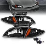 AmeriLite Replacement Headlights for 2000-2002 Chevy Cavalier Coupe & Sedan Factory Type Black Assembly w/Corner Lamp Combo Set - Driver and Passenger Side