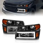AmeriLite for 2004-2012 Chevy Colorado / GMC Canyon C-Type LED Tube Black Replaement Headlights + Corner Parking Lamps 4pcs Set - Passenger and Driver Side