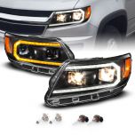 AmeriLite for 2015-2022 Chevy Colorado Switchback LED Tube Sequential Turn Signal Projector Black Headlight Set - Passenger and Driver Side