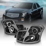 AmeriLite Projector Headlights Halo Black For Cadillac CTS - Passenger and Driver Side
