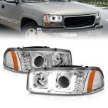 AmeriLite Replacement Headlights for GMC 99-07 Sierra 1500 2500HD 3500HD / 00-06 Yukon U-Type LED Crystal Chrome Projector Pair - Passenger and Driver Side