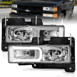 AmeriLite for Chevy C/K Tahoe Suburban Full Size Blazer GMC Yukon C-Shape LED Tube Chrome Replacement Headlight Set - Passenger and Driver Side