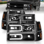 AmeriLite LED Stripe Clear Black Replacement Headlights Parking Corner Sets for 94-98 Chevy Fullsize - Passenger and Driver Side