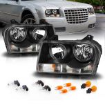 AmeriLite for 2005-2010 Chrysler 300 Halogen Type Black Replacement Headlight Assembly OE Style w/ Bulb Socket Pair - Passenger & Driver Side