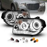 AmeriLite for 2005-2010 Chrysler 300C Chrome Replacement Headlight Assembly Halogen Projector Extreme Dual LED Halo w/Bulb Pair - Passenger & Driver Side