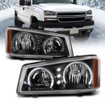 AmeriLite for 2003-2006 Chevy Silverado 1500 2500 3500 | Avalanche Dual LED Halos Black Replacement Headlights Pair - Driver and Passenger Side