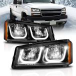 AmeriLite for 2003-2006 Chevy Silverado 1500 2500 3500 | Avalanche U-Type LED Bars Black Replacement Headlights Pair - Driver and Passenger Side