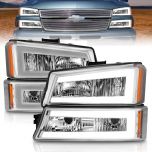 AmeriLite for 2003-2006 Chevy Silverado 1500 2500 3500 | Avalanche Pickup LED Halo Bar Tube Chrome Headlights w/Bumper lamp Set - Driver and Passenger Side