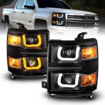 AmeriLite for 2014-2015 Chevy Silverado 1500 Pickup Truck Switchback U-Type LED Quad Projector Black Replacement Headlights Pair - Driver and Passenger Side
