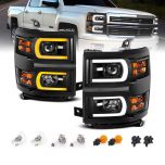 AmeriLite for 2014-2015 Silverado 1500 Pickup Switchback LED Tube Square Projector Black Replacement Headlights Pair - Driver and Passenger Side