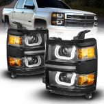 AmeriLite for 2014-2015 Chevy Silverado 1500 Pickup Truck U-Type LED Tube Quad Projector Black Replacement Headlights Pair - Driver and Passenger Side