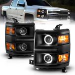 AmeriLite for 2014-2015 Chevy Silverado 1500 Pickup Truck Quad Projector LED Halos Black Headlights Pair - Driver and Passenger Side