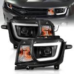 AmeriLite for 2010-2013 Chevy Camaro 2Dr Halogen Type Black LED Tube Square Projector Headlights Pair - Passenger and Driver Side
