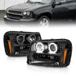 AmeriLite for 2002-2009 Chevy Trailblazer EXT Xtreme LED Halos Black Projector Replacement Headlights - Passenger and Driver Side