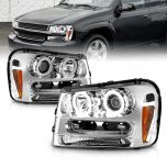 AmeriLite for 2002-2009 Chevy Trailblazer EXT Xtreme LED Halos Chrome Projector Replacement Headlights - Passenger and Driver Side