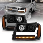 AmeriLite for 2006-2009 Chevy Trailblazer LT Models Plank LED Tube Projector Black Headlights Pair - Passenger and Driver Side