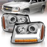 AmeriLite for 2006-2009 Chevy Trailblazer LT Models Plank LED Tube Projector Chrome Headlights Pair - Passenger and Driver Side
