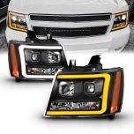 AmeriLite 2007-2013 for Chevy Avalanche / Suburban / Tahoe Switchback LED Tube Projector Black Headlights Turn Siganl Assembly Replacement Pair - Passenger & Driver Side