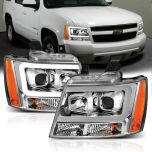 AmeriLite 2007-2013 Super Bright LED Bar Projector Chrome Headlights Pair for Chevy Avalanche Suburban Tahoe Left and Right