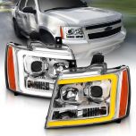 AmeriLite 2007-2013 for Chevy Avalanche / Suburban / Tahoe Switchback LED Tube Projector Chrome Headlights Turn Siganl Assembly Replacement Pair - Passenger & Driver Side