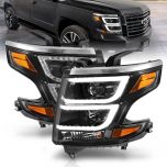 AmeriLite for 2015-2020 Chevy Tahoe Suburban Halogen Type Dual Chrystal LED DRL Projector Black Headlights Set (Bulbs Included) - Passenger and Driver Side
