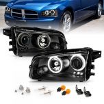 AmeriLite for 2006-2010 Dodge Charger Dual Xtreme LED Halo Rings Projector Black Replacement Headlights Set - Passenger and Driver Side