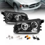 AmeriLite Black Dual LED Halo Projector Replacement Headlights Set For 06-10 Dodge Charger - Passenger and Driver Side