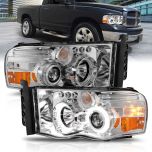 AmeriLite Crystal Chrome Dual LED Halo Rings Projector Replacement Headlights Pair for 2002-2005 Dodge RAM Truck 1500 2500 3500 - Passenger and Driver Side