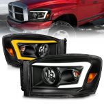 AmeriLite for 2006-2008 Ram Truck 1500 2500 3500 Switchback LED Tube Black Replacement Headlights - Passenger and Driver Side